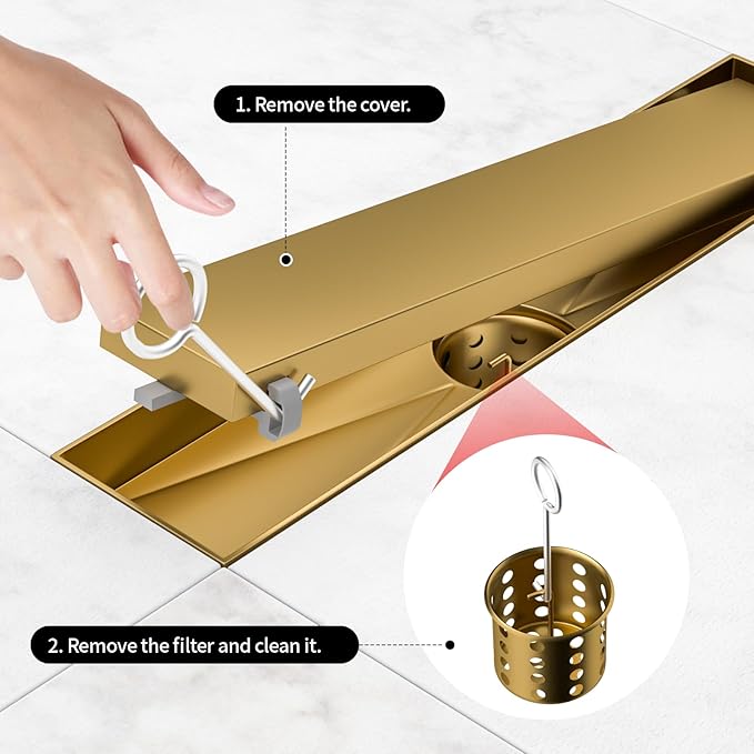 Linear Shower Drain, 304 Stainless Steel with Adjustable Leveling Feet, Hair Strainer,Reversely Install Place to Create an Invisible Floor Drain - Gold -12-Inch