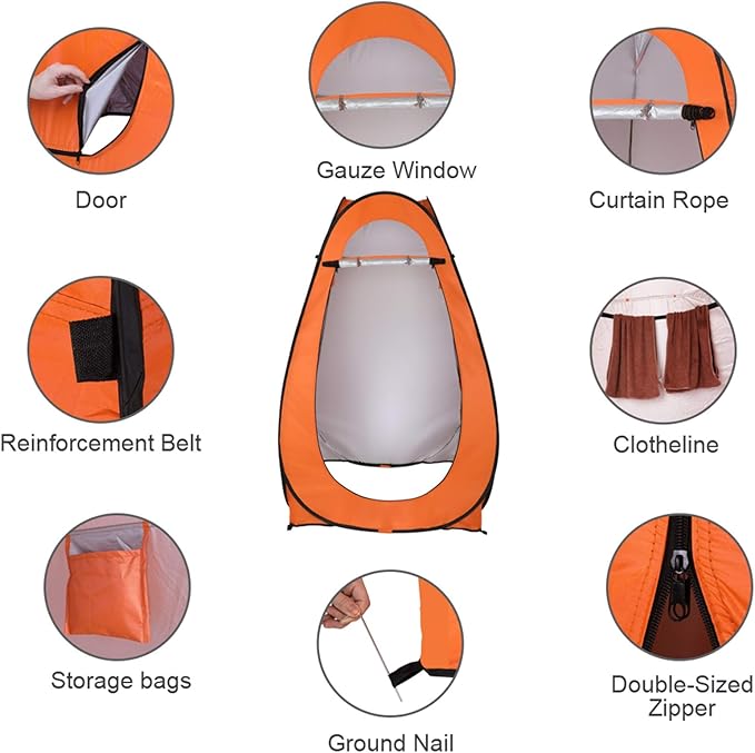 Pop Up Privacy Shower Tent,Portable Outdoor Bathroom Toilet Changing Dressing Room,Instant Rain Shelter for Camping & Beach,Lightweight & Sturdy, Easy Set Up, Foldable, with Carry Bag (Orange)