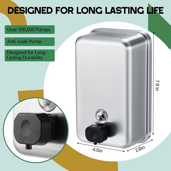 Maxdot 2 Pcs 37 oz/1100 ml Commercial Stainless Steel Soap Dispenser Wall Mount with Corrosion Proof Lining and Manual Anti Leak Pump for Home Bathroom Accessories Kitchen(Silver)
