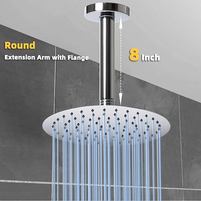 8 Inch Shower Arm with Flange, Ceiling Mounted Shower Head Extension Arm, 1/2 NPT Straight Arm for Rain Shower Head, Stainless Steel Shower Head Extension Replacement Pipe Arm,Chrome