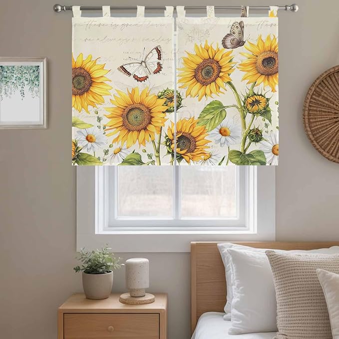 Farm Sunflowers Kitchen Curtains 45 Inch Length, Short Cafe Window Curtains Tab - Image 9