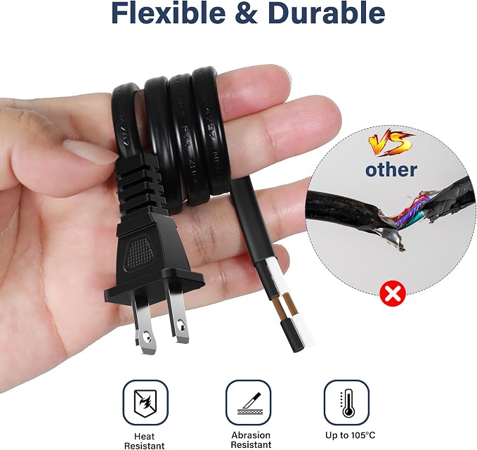 Adoreen 18 Gauge 2 Prong Polarized Replacement Power Cord 1.5 Ft - Image 4