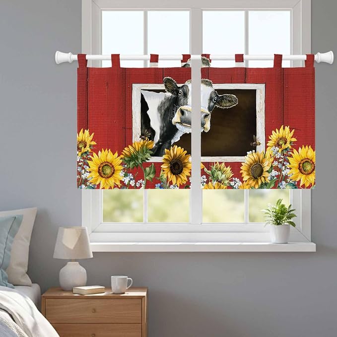 Cows Sunflowers Kitchen Curtains 24 Inch Length, Small Window Curtains Tab Top - Image 9