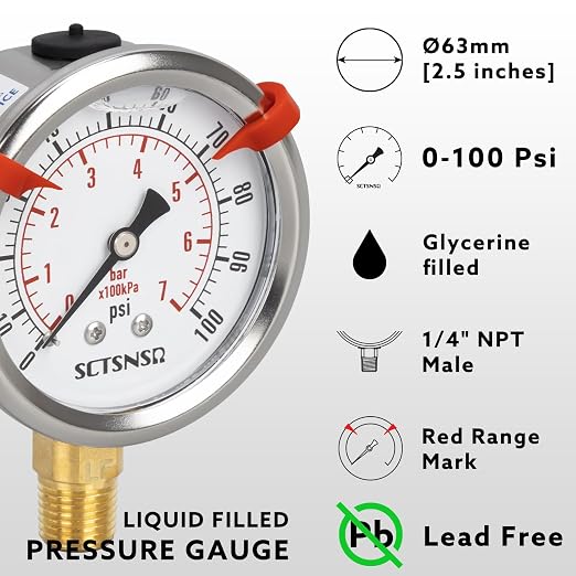 0 to 100 Psi Lead-Free Pressure Gauge, Glycerin Liquid Filled, 2.5 inch Dial - Image 2
