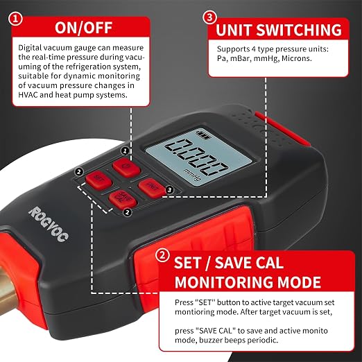 Digital Vacuum Gauge, HVAC Micron Vacuum Gauge Tester - Image 3