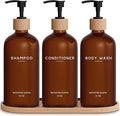 Amber Shampoo and Conditioner Dispenser Set by Brighter Barns - Refillable Plastic Shower Dispenser for Bathroom - Body Wash and Shampoo Bottles with Tray - Boho Decor for Airbnb, Hotel, Gift (Amber)