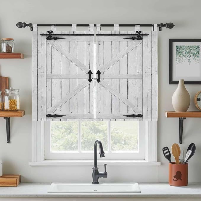 Farmhouse Wood Grain Kitchen Curtains 45 Inch Length, Short Cafe Window - Image 3