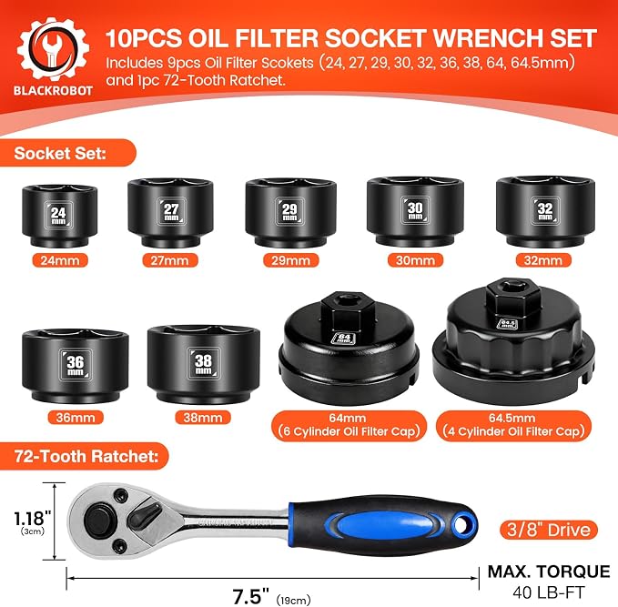 BLACKROBOT 10-Piece 3/8” Drive Oil Filter Socket Wrench Set, Metric Low Profile - Image 2