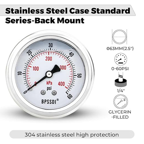 0-60 Psi Glycerin Liquid Filled Low Pressure Gauge, 2.5" Dial Size, 1/4" G Back - Image 2