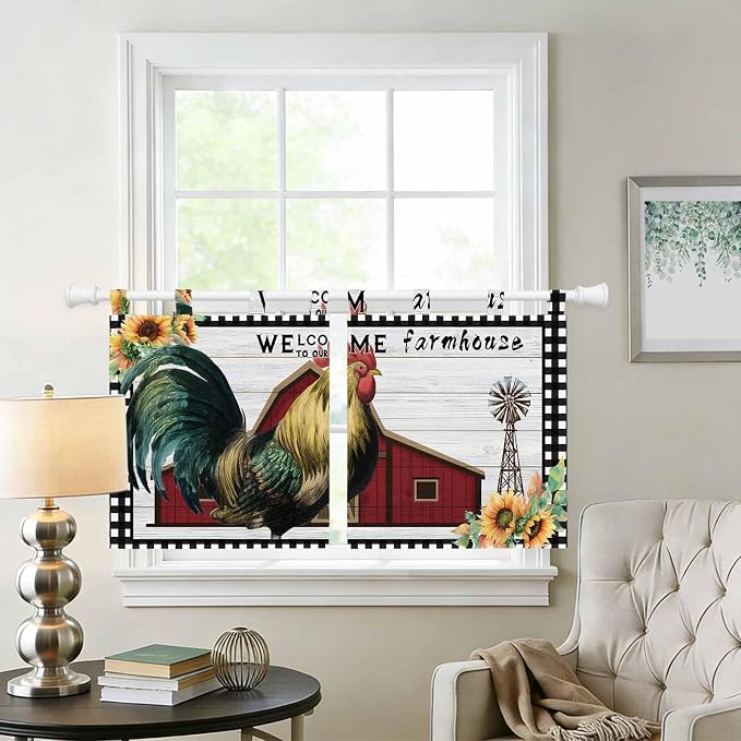 Farmhouse Rooster Kitchen Curtains 36 Inch Length, Small Window Curtains Tab Top - Image 2