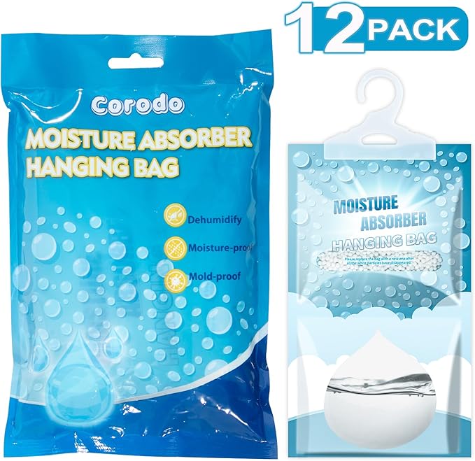 Moisture Absorbers Packets - Hanging Moisture Absorbers Dehumidifier Bags for Closet Bathroom Kitchen, Fragrance Free Humidity Absorber Packs, Removes Moisture & Odors, 12 Pack
