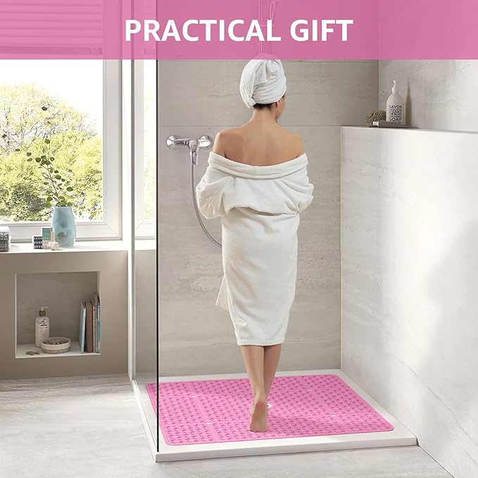 OTHWAY Square Shower Mat, 27"x 27" Extra Large Shower Mats for Inside Shower, TPE Anti Slip Shower mat with Suction Cups Drain Holes, Machine Washable Shower Floor Mat (Pink)