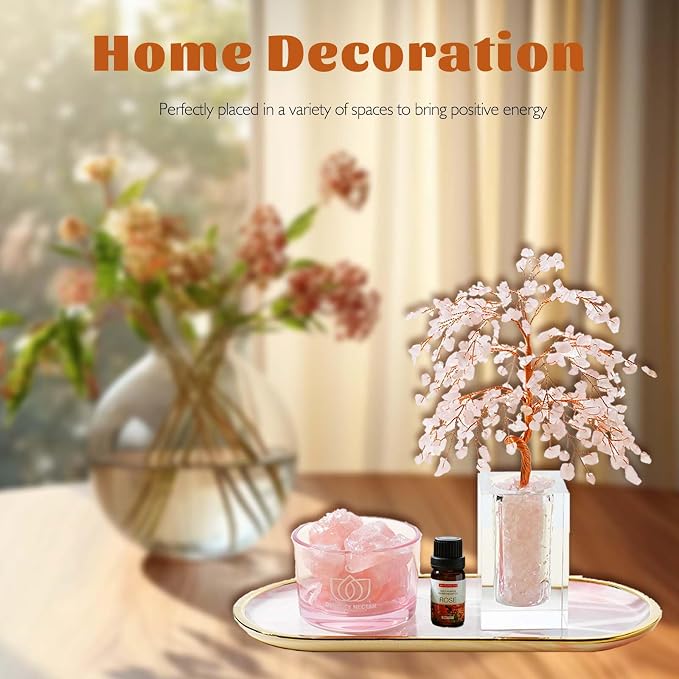 Runyangshi Rose Quartzt Crystal Tree of Life Natural Crystal Ore Diffuser Set - Image 6