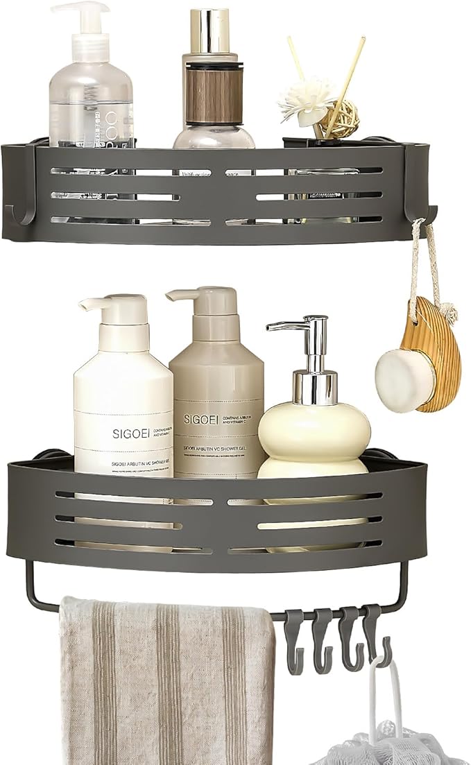 Suction Cup Shower Caddy Corner, Shower Storage Rack With Large Capacity, No Drilling Suction Shelves Space-Saving Shower Organizer with Towel Bar Hooks for Bathroom & Home Decor(2pcs, Gray)