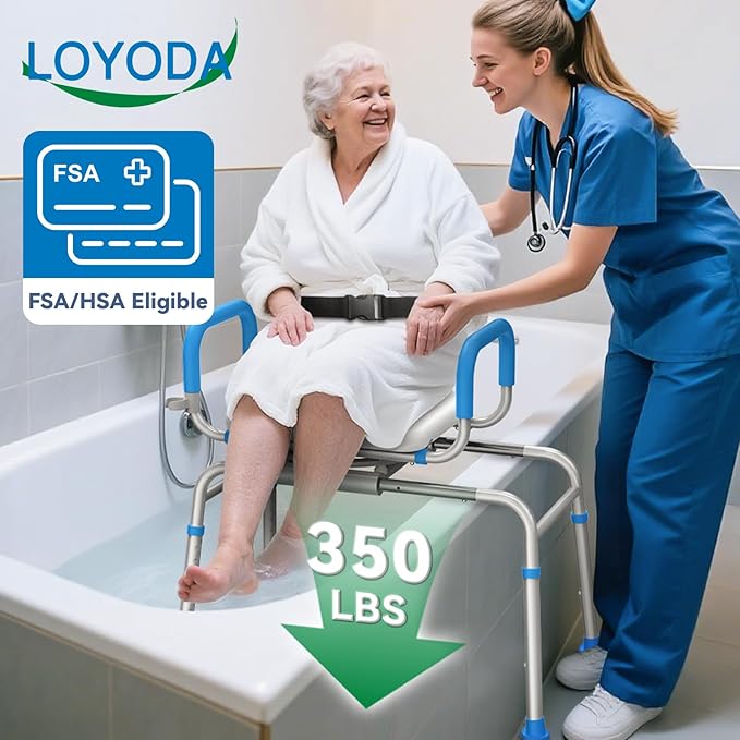 FSA/HSA Eligible Sliding Shower Chair Tub Transfer Bench for Bathtub with Swivel Seat, Shower Bench with Pivoting Arms, Height Adjustable Shower Seat, 350 lbs,White&Blue,Standard