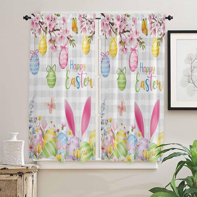 Happy Easter Bedroom Curtains 63 Inches length, Spring Watercolor Bunny Eggs - Image 2