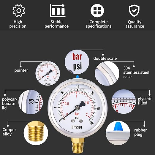 0-30 Psi Glycerin Liquid Filled Low Pressure Gauge, 2.5" Dial Size, 1/4" NPT - Image 3