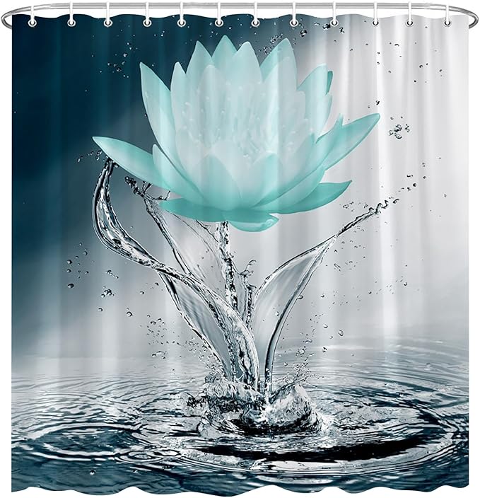 Lotus Shower Curtain Black White Blue Teal Flower Elegant Blooming Floral with Dew Spring Flower Reflection on Water Modern Romantic Polyester Fabric Bathroom Decor 70×78 Inch with Hook