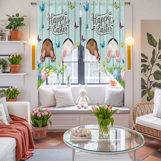 Swag Curtain Valances for Kitchen Windows, Happy Easter Bunny Butt Egg Floral - Image 6