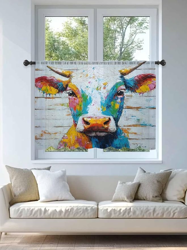 Sheer Curtains 45 Inch Length, Funny Colorful Cow Semi Sheer Curtains Light - Image 4