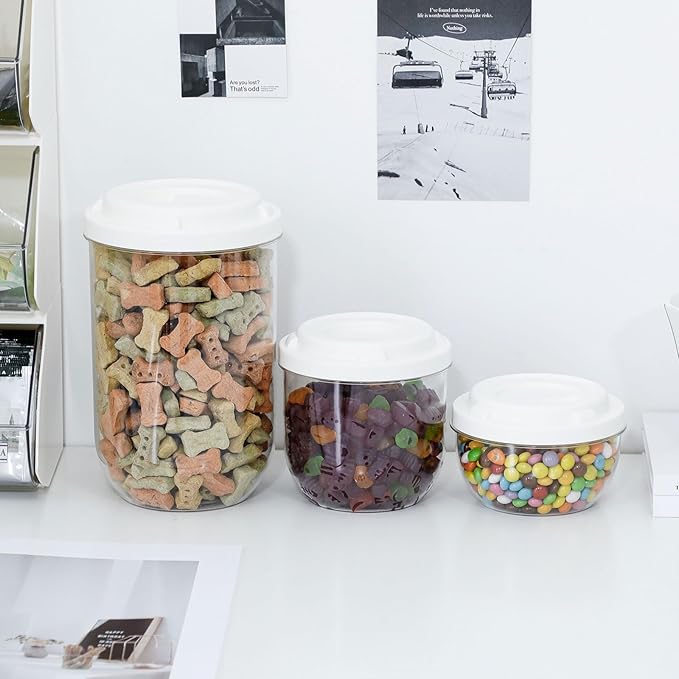 FABROK 3 Pack Candy Storage Organizer with Lid, Plastic Cookie Storage Jar for desk, Clear Plastic Container Canister for Laundry, Kitchen, Bathroom
