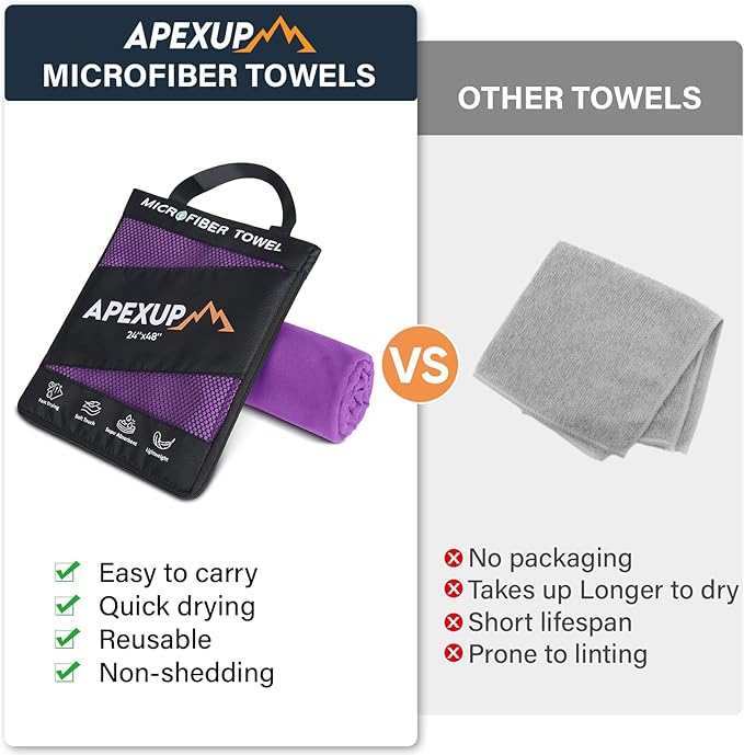 APEXUP Microfiber Travel Towel, Ultra Absorbent Quick Dry Towels, Lightweight Gym Sports Camping Towel for Workout, Yoga, Beach, Shower, Swimming (48"×24", Purple)