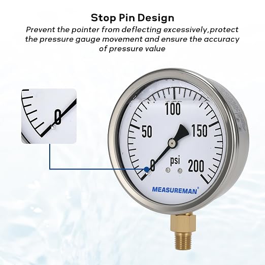 MEASUREMAN Glycerin Filled Plumbing Pressure Gauge 0-200psi Stainless Steel Case - Image 3