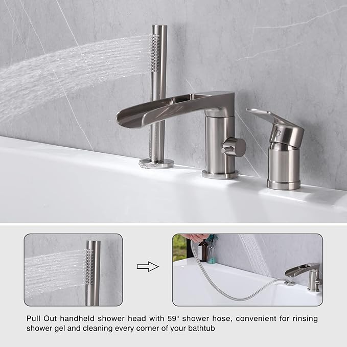 TapLong Waterfall Roman Tub Faucet with Hand Shower, Widespread Deck Mount Bathtub Faucet with Sprayer, Single-Handle 3-Holes Bathtub Shower Faucet Set in Brushed Nickel, 03119BN