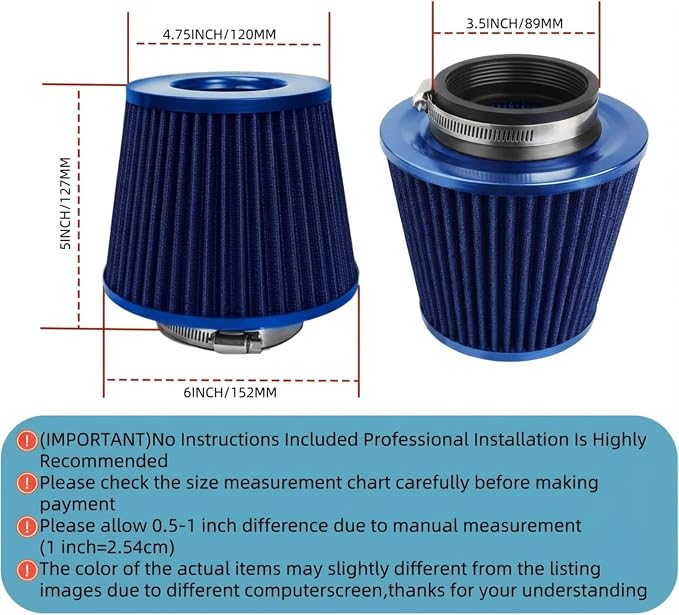 Universal Clamp-On Air Intake Filter, High Performance, Washable Filter - Image 2