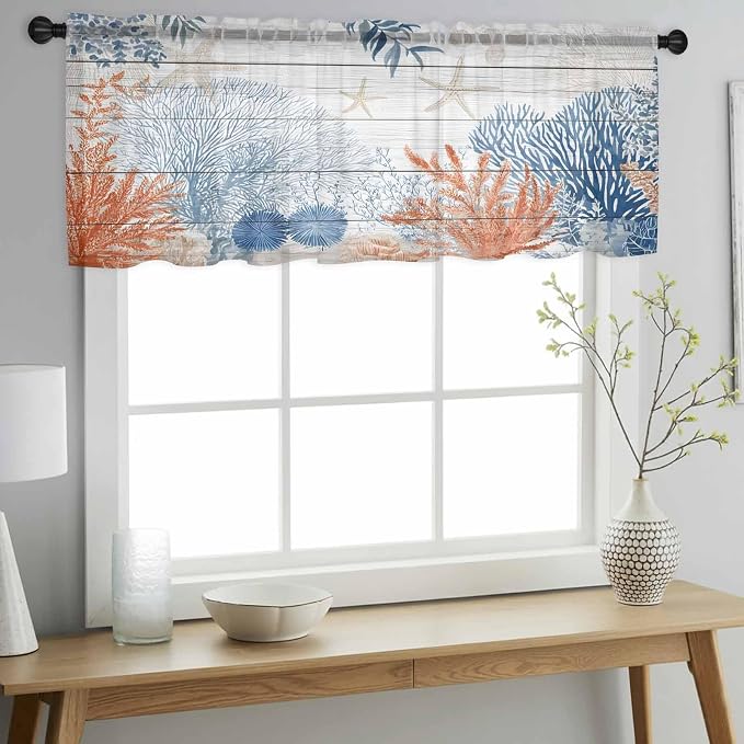 Ocean Corals Sheer Valance Curtains, Summer Beach Coral Sea Stars Wood Grain - Image 3