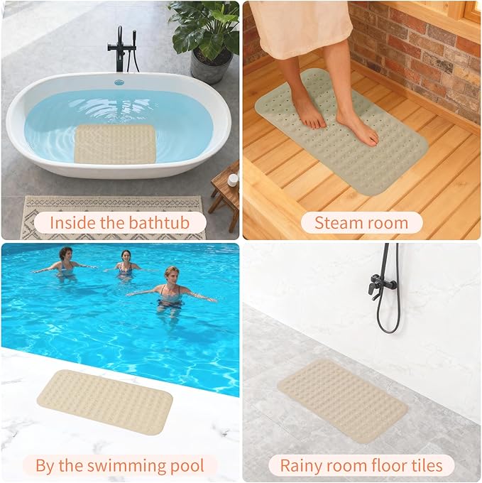 Anti-Slip Bathtub Shower mat, 27.5×14.5（Approximately 70×37cm） inch Soft Oversized Machine Washable Non-Slip Bathtub mat with Drainage Holes, Bathroom Floor Suction Cup.（1-Opaque Khaki）