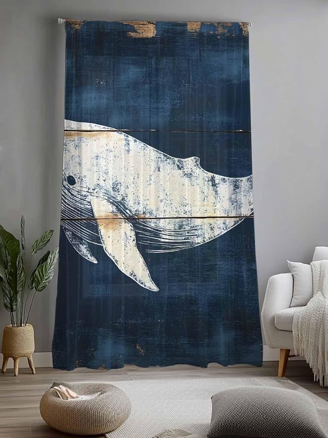 Sheer Curtains 84 Inches Long, Ocean Whale Blue Semi Sheer Curtains Light - Image 2