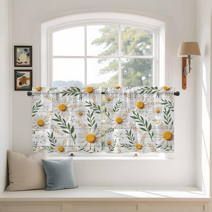 Spring Daisy Tier Curtains, Farmhouse Country Flower Leaf Plant Wood Grain - Image 3