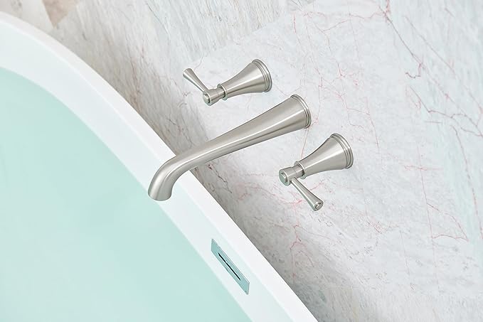 SITGES High Flow Brushed Nickel Wall Mount Bathtub Faucet with Two Level Handles,Extra-Long 10.5" Spout Reach Solid Brass Wall Tub Filler with Rough-in Valve Included