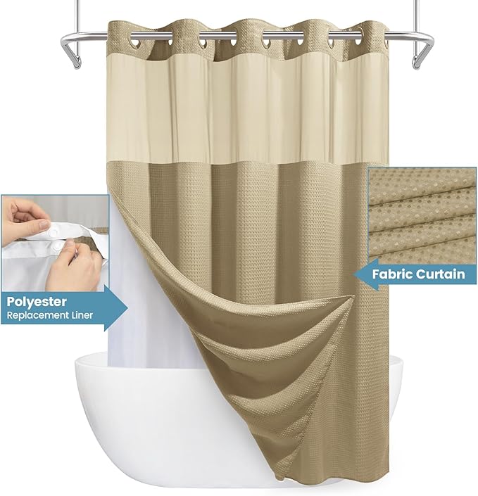 Beige Long No Hook Shower Curtain with Snap in Liner,230GSM Waffle Weave Shower Curtains for Bathroom,71W x 86H