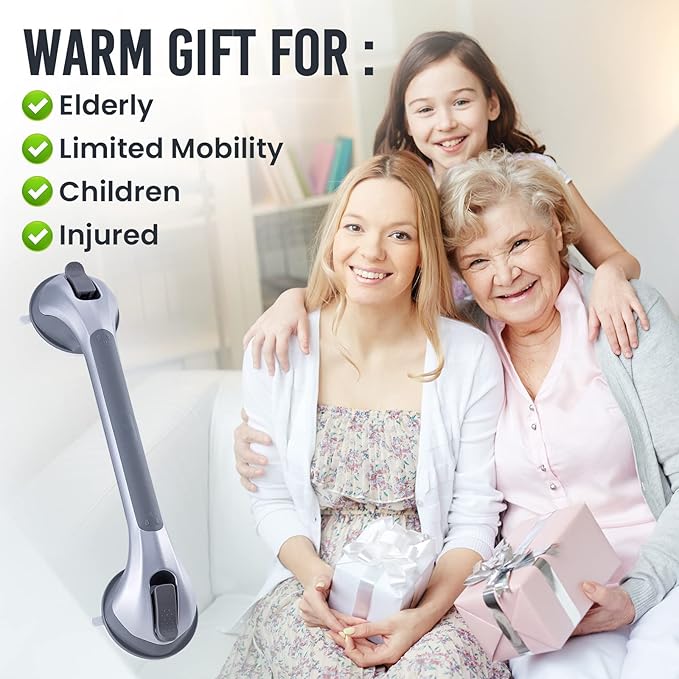TAILI Shower Grab Bar 16 Inch Suction Cup Grab Bars for Bathroom, Removable Shower Safety Handle Heavy Duty Bathtub Grip for Seniors & Elderly, Strong Handrails No Drilling Waterproof, Silver