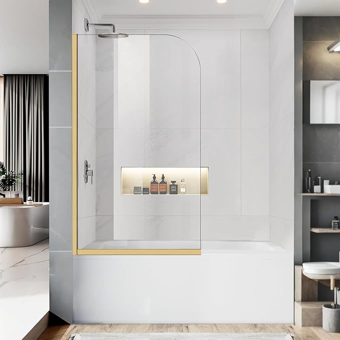 Bathtub Shower Glass Panel, 34" W X 58" H Tub Shower Door Fixed Glass Doors in Brushed Gold with 1/4"(6mm) Clear Tempered Door, Simple Shower Door Panel Easy to Install for Bathroom