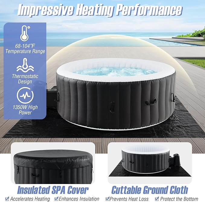 Goplus Inflatable Hot Tub, 4-6 Person Blowup Pool Hottub w/130 Air Jets, Heater Pump, Filter Cartridges, Insulated Cover, Ground Cloth, Portable Outdoor Water SPA (80’’ Round, 4-6 Person)
