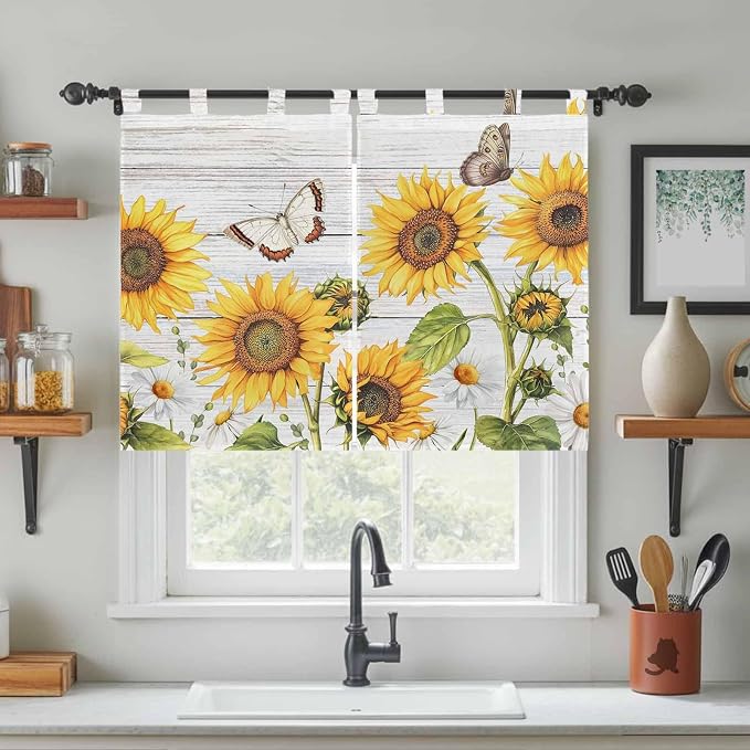 Yellow Sunflowers Bedroom Curtains 63 Inch Length, Window Curtains Tab Top - Image 3