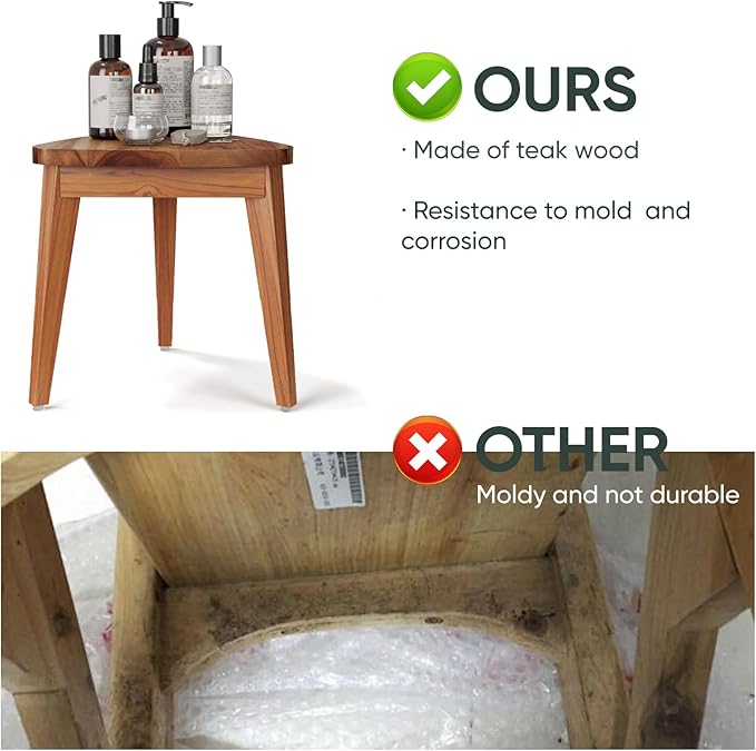 12.4“ Tall Small Teak Shower Stool for Shaving, Waterproof Corner Foot Rest with Storage Basket, Space-Saving Design for Compact Showers