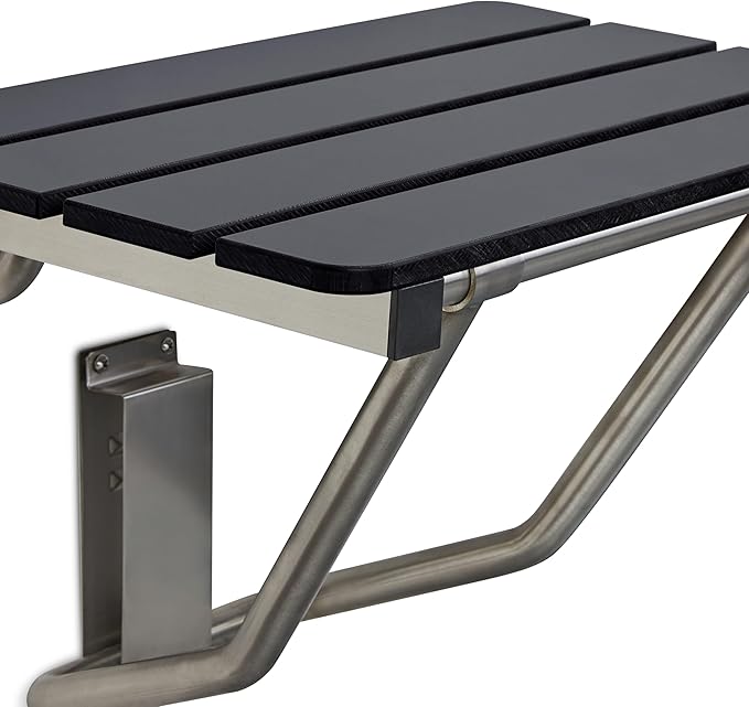 18-inch x 15-inch ADA Folding Wall Mount Bathroom Shower Seat Bench, Black Slatted Phenolic Seat
