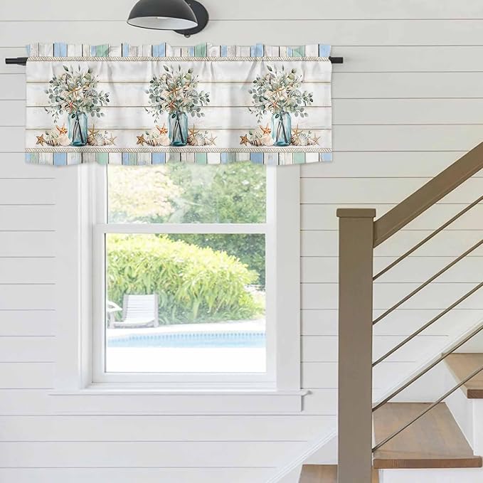 Kitchen Valances for Window, Ocean Starfish Conch Shell Eucalyptus Light - Image 4