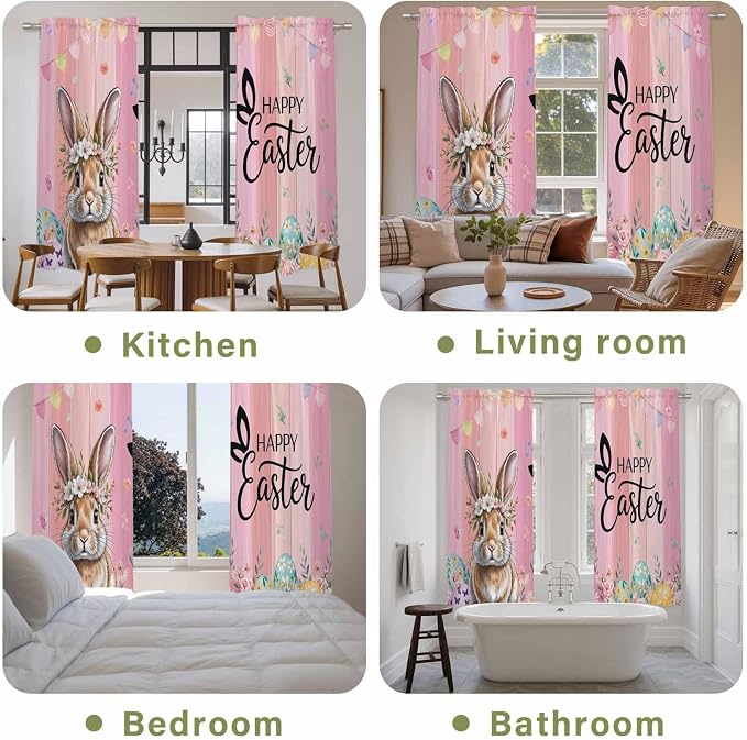 Easter Kitchen Curtains, Spring Rabbit Eggs Flowers Flags Leaves Wood Grain - Image 8