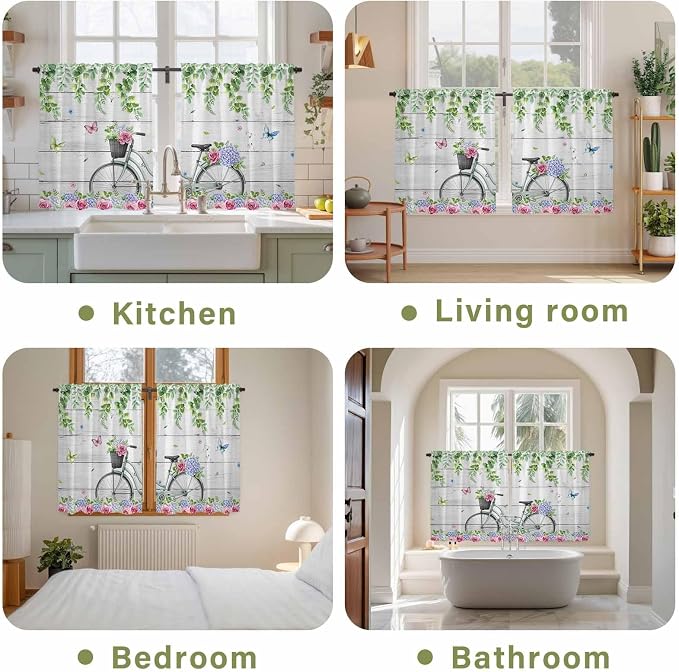 Spring Kitchen Curtains, Bicycles Botanical Rose Leaves Butterfly Wood Grain - Image 8