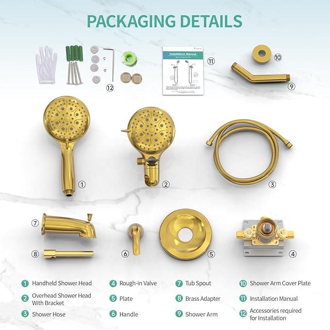 SR SUN RISE 5-Spray Dual Shower Head Cmbo Tub Faucet Set 3-Way Shower Head and Hand Held Shower Tub Faucets Sets Complete Single-Handle Tub and Shower Trim Kit, Brushed Gold (Valve Include）