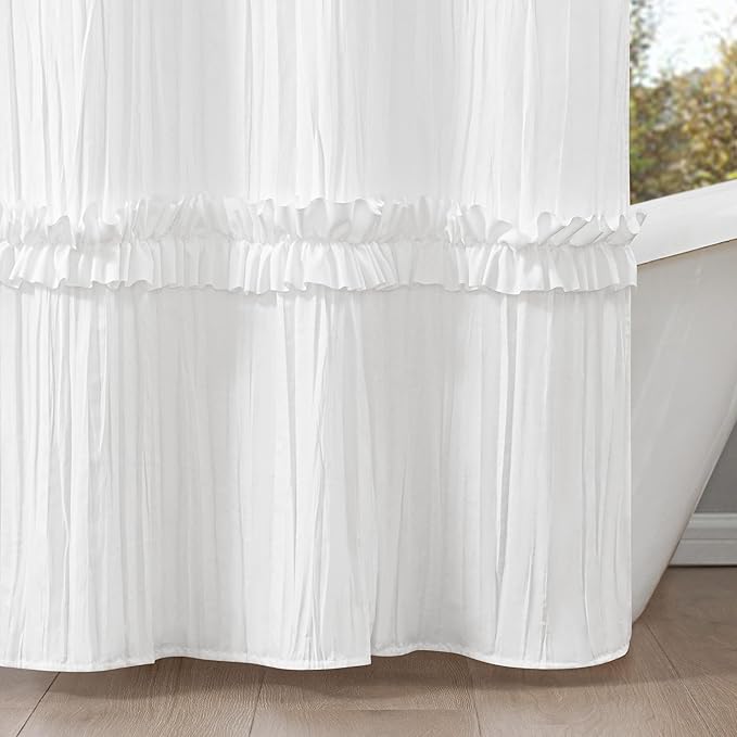 ROSERY No Hook Ruffle Shower Curtain with Snap in Fabric Liner Set, Ruched Vintage Farmhouse Shower Curtain for Bathroom with See Through Window, Ruffle Pattern, 71" W x 74" L