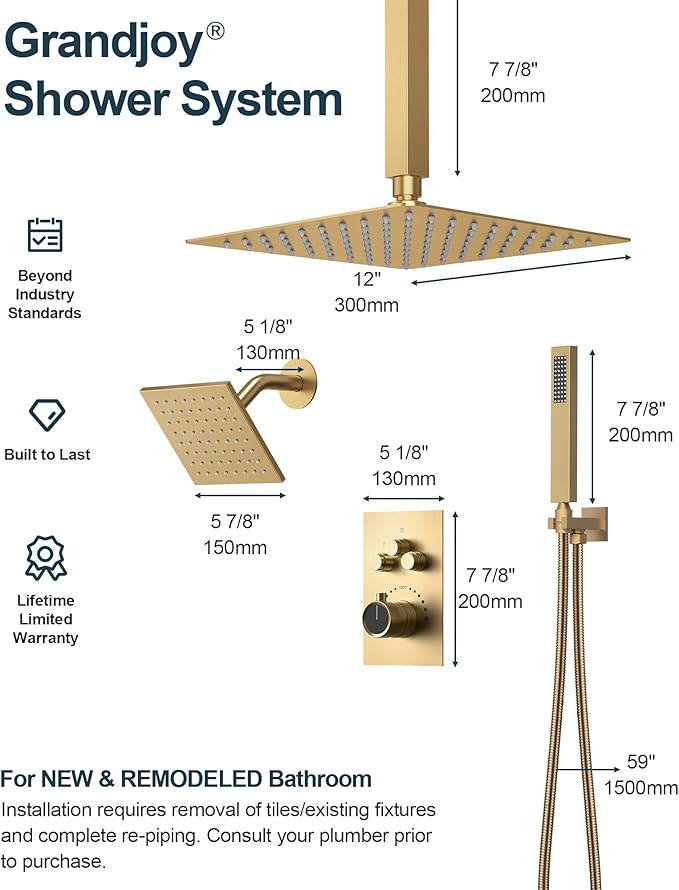 Thermostatic Shower System, Dual Rainfall Shower Heads for Ceilling & Wall Mounted with Handheld Sprayer, Brushed Gold
