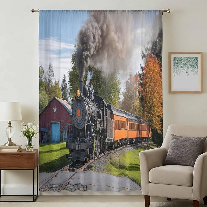 Steam Train Sheer Curtains 108 Inch Length Railroad Country Barn Rustic Trees - Image 3