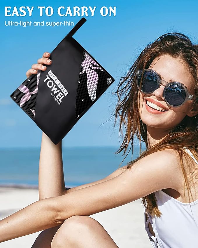 Mermaid Silhouette Beach Towel 36"x72" Quick-Dry Soft Microfiber with Starfish Seahorse Pattern Black Background