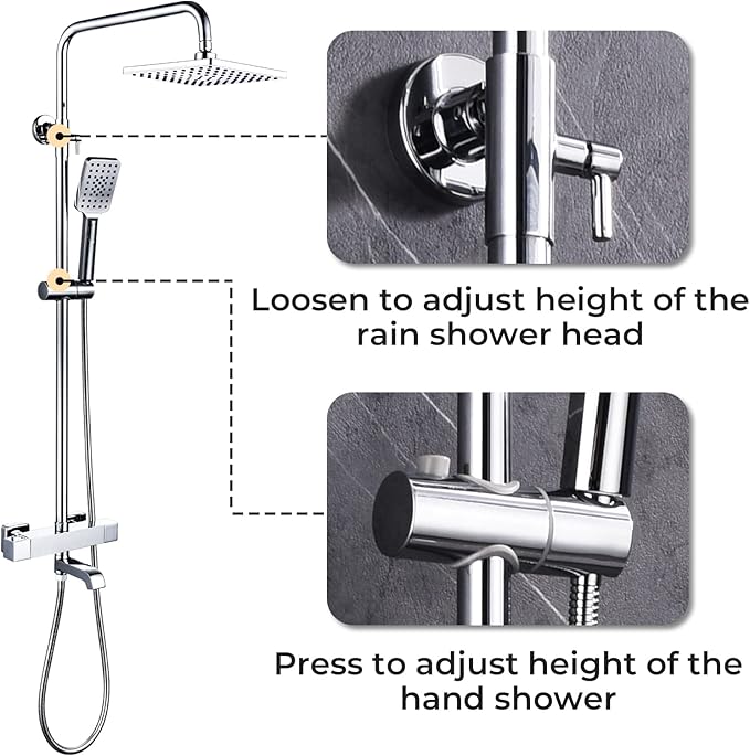 Shower Faucet Set 8" Square Shower Head 3 Function Thermostatic Rainfall Shower Faucet Set Handheld Sprayer Tub Spout Polished Chrome with Height Adjustable Slide Bar